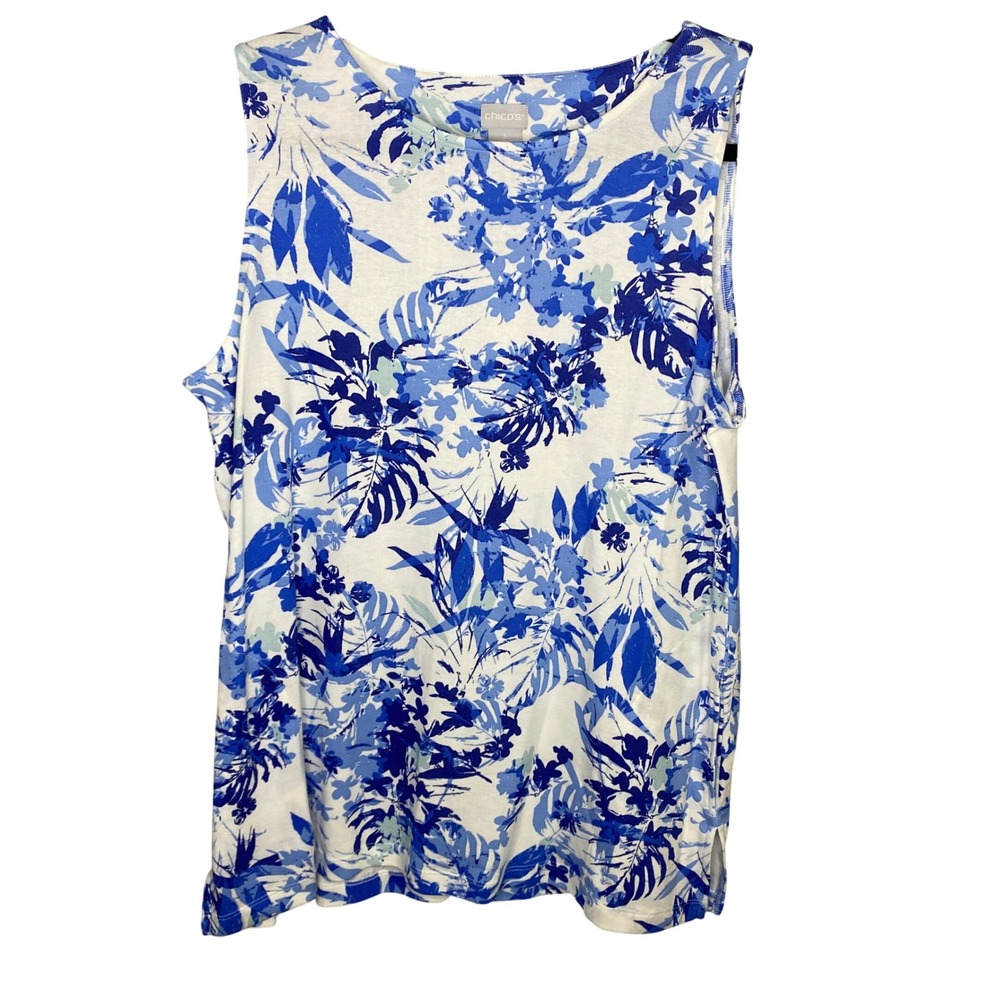 Chicos Blue White Floral Sleeveless Tank Top Scoop Neck Side‎ Slits Size 3 XL